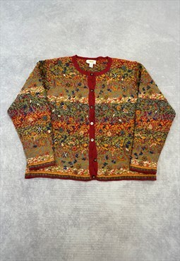 Vintage Knitted Cardigan Embroidered Flowers Patterned Knit