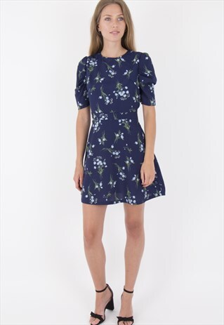 MULTICOLOURED FLORAL PRINT RUCHED SLEEVE DRESS