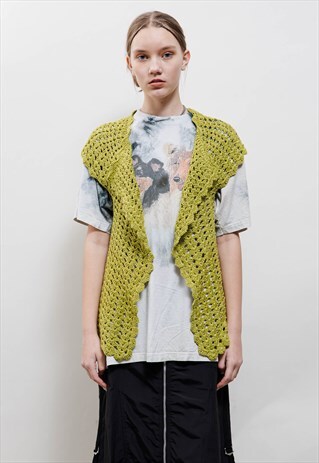 VINTAGE 70S BOHO COTTAGE GREEN CROCHET SHORT SLEEVE VEST S