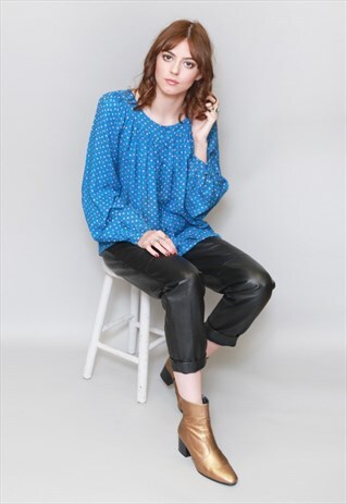 VINTAGE 1980'S BLUE SPOTTY LOOSE FIT SMOCK TOP