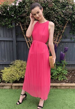 Sleeveless Pleated Full Length Maxi Dress in Coral pink