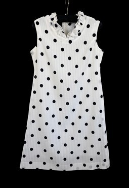 60's Vintage Ladies White Dress Black Polka Dot Mini Ruffle