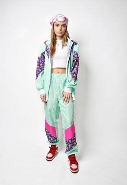 80s style tracksuit set green multi colour block Old School