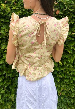 Cream and Pink Floral Flutter sleeve blouse 