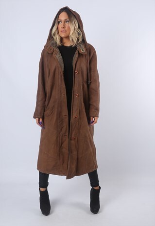 SHEEPSKIN SHEARLING LEATHER LONG COAT JACKET UK 16-18 (F95W)