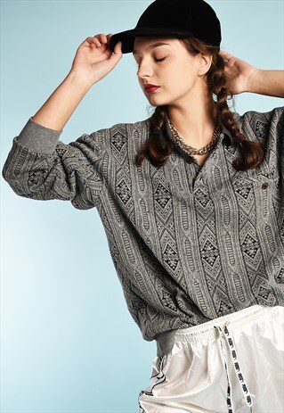 90'S RETRO ETHNIC PATTERN KNIT OVERSIZED JUMPER TOP