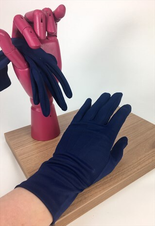 70'S VINTAGE- SHORT GLOVES-BLUE STRETCH RIB DETAIL