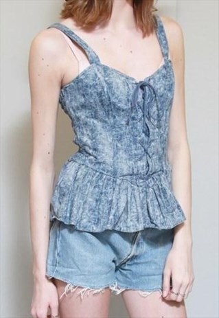 VINTAGE 1990'S LACE FRONT STONE WASH DENIM TOP