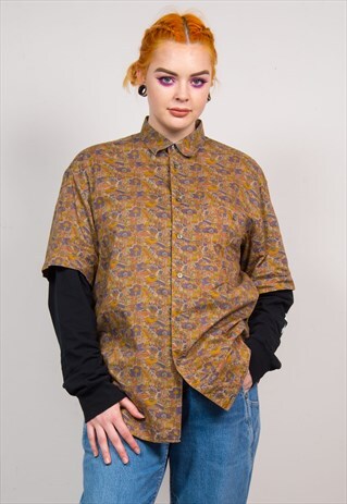 VINTAGE 90'S BROWN ABSTRACT PATTERN SHORT SLEEVE SHIRT