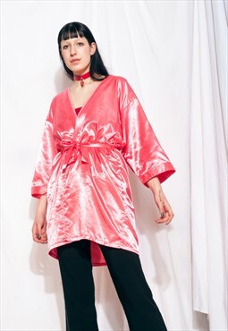 Vintage Robe Y2K Pink Satin Oversized Kimono Coat