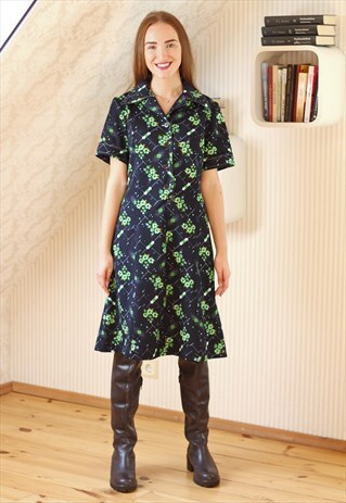 NAVY GREEN FLOWERS SHIRT STYLE DRESS