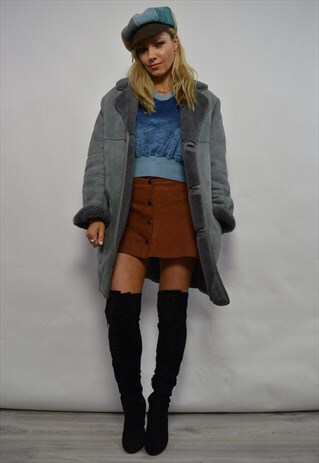 VINTAGE 70S OVERSIZED GREY SUEDE SHEEPSKIN FLEECE LINED COAT