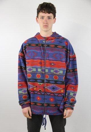 VINTAGE COLOURFUL PATTERNED HOODED FLEECE