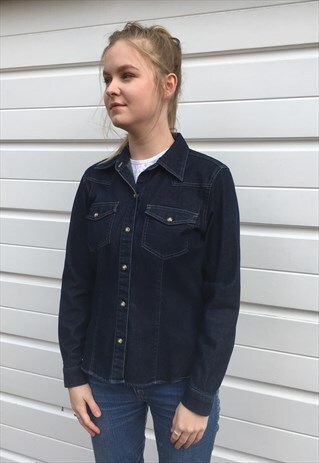 WOMENS 90S LIZ CLAIBORNE SHIRT DARK BLUE DENIM TOP BLOUSE