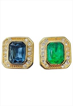 Christian Dior Earrings Gold Crystal Clip on Green Blue 80s