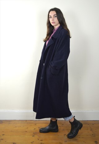 90S VINTAGE NAVY WOOL DOUBLE BREASTED LONG COAT