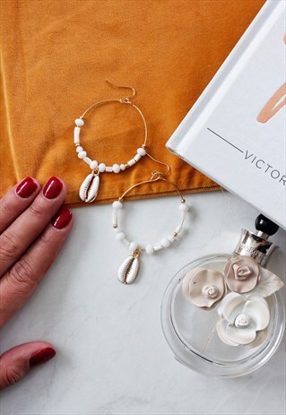 GOLD HOOP WHITE SHELL BEAD PUKA EARRINGS