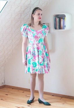Bright floral puff sleeve cotton dress