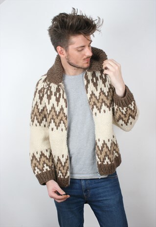 VINTAGE CHUNKY KNIT ICELANDIC WOOLLEN CARDIGAN SHAWL COLLAR