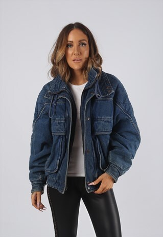 VINTAGE DENIM BOMBER JACKET PRINT LINED UK 12 MEDIUM (JRBP)