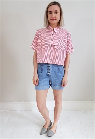VINTAGE 90'S RED AND WHITE STRIPED REWORKED CROPPED SHIRT