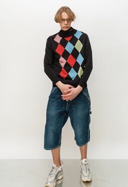 90's Vintage posh argyle print jumper in multicolors/black