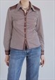 VINTAGE 70S BOHO FITTED STRETCHY WOMEN SHIRT IN BROWN S