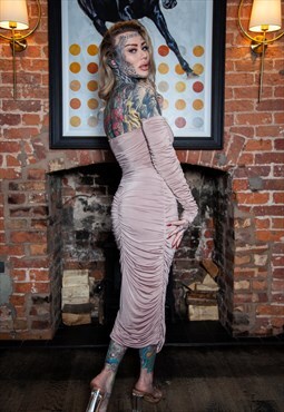 Rose Silk Touch Ruched Stretch Midi Dress And Sleeves