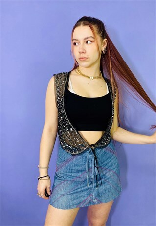 VINTAGE 90S Y2K BLACK MESH SEQUIN TIE UP CARDIGAN