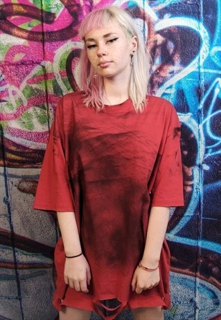 RIPPED GRAFFITI TEE TIE-DYE SPLATTER GRUNGE T-SHIRT IN RED