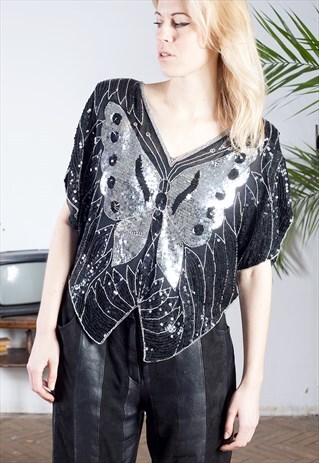 VINTAGE 80S BUTTERFLY SEQUINED TOP