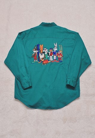 VINTAGE 1993 WARNER BROS GREEN EMBROIDERED HEAVY SHIRT