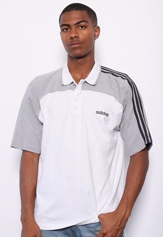 VINTAGE ADIDAS LOGO POLO SHIRT WHITE GREY