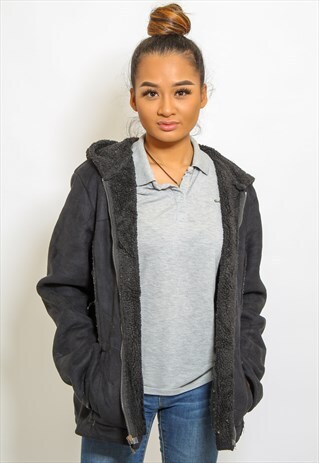 VINTAGE SHEARLING COAT FAUX FUR LINED JACKET IN BLACK MEDIUM