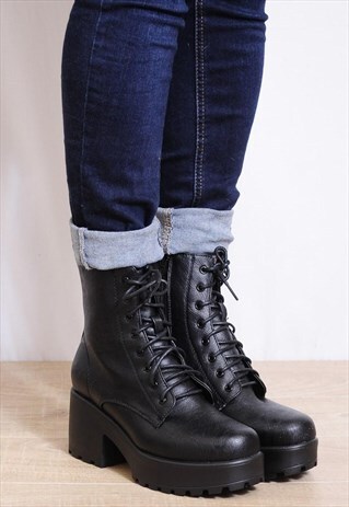 BLACK LACE UPS CLEATED PLATFORMS MILITARY ANKLE BOOTS