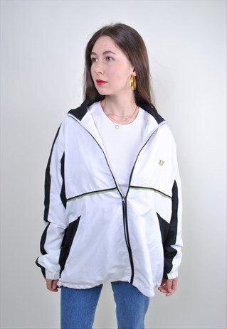 80S WHITE TRACK JACKET, BRIGHT WINDBREAKER, SIZE XL