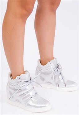 Hitop wedge trainers with a front lace up in silver suede