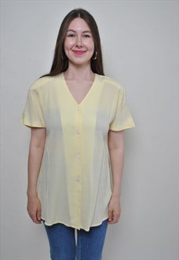 Minimalist yellow blouse, vintage v-neck button up shirt 