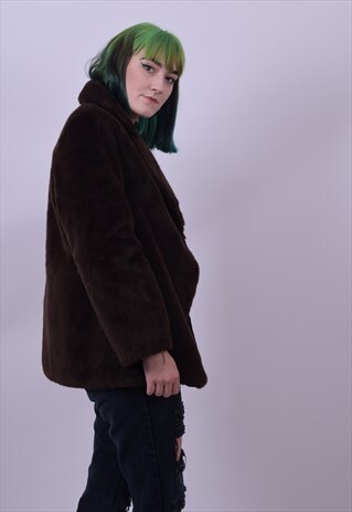 VINTAGE 90'S CHOCOLATE BROWN FAUX FUR COAT SIZE MEDIUM