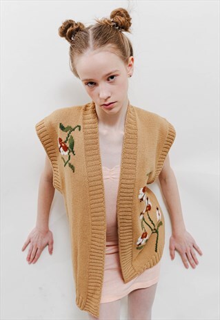 VINTAGE 70S BOHO BROWN FLORAL NO CLOSURE KNIT VEST M