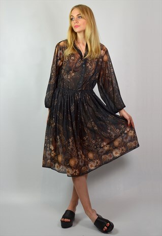 VINTAGE SHEER BLACK & BROWN PATTERN MIDI SHIRT DRESS