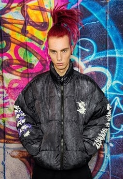 Graffiti bomber jacket tiedye baggy punk grunge puffer black
