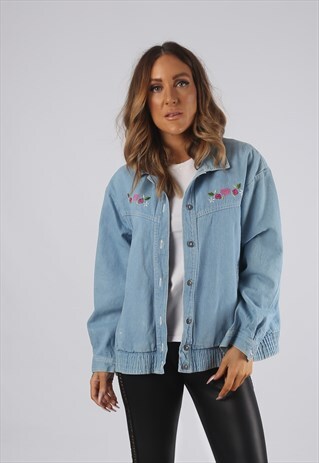 VINTAGE DENIM BOMBER JACKET FLORAL OVERSIZED UK 12 M (JR3A)