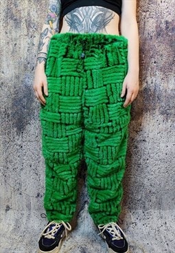 Luxury faux fur joggers check fleece festival pants in green