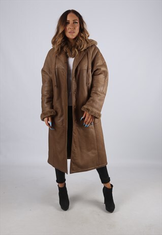 VINTAGE SHEEPSKIN LEATHER SHEARLING COAT LONG HOODED (J2A)