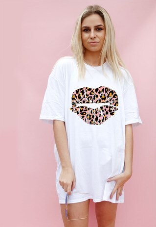 PINK AND ORANGE LEOPARD LIP KISS OVERSIZE TSHIRT DRESS