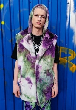 Tie-dye fleece gilet handmade sleeveless hood jacket purple