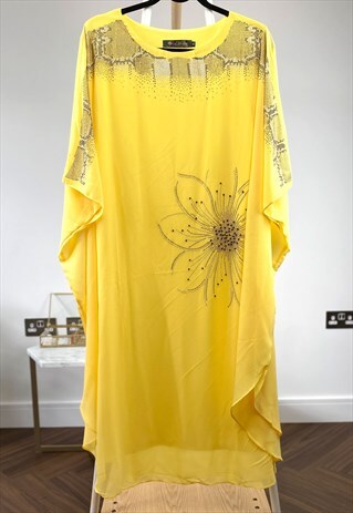 STUD EMBELLISHED FLORAL PATTERN OVERSIZED KAFTAN DRESS