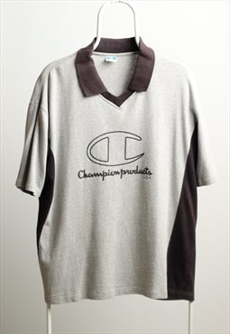 Vintage Champion Large Logo V-neck T-shirt Grey Black XL