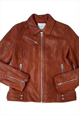 Vintage Y2k Leather Biker Jacket Zipped Burnt Orange